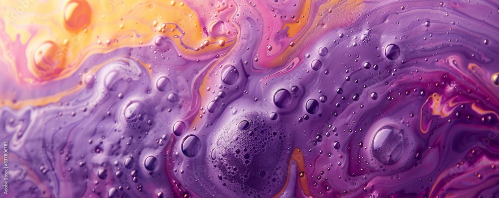 Purple and yellow soap bubbles in paint create an abstract design suitable for a colorful background. Purple and yellow soap bubbles in paint create an abstract design suitable for a colorful background.
