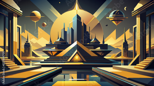Futuristic Cityscape with Pyramids and Planets at Twilight