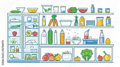 A detailed 2D outline graphic of a safe food handling process, illustrating steps such as washing hands, cleaning vegetables, and proper storage in a refrigerator