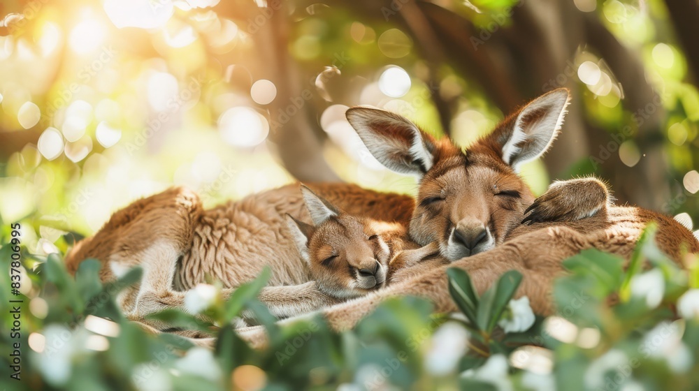 Obraz premium A pair of kangaroos resting together on a verdant field, surrounded by a cluster of trees on a sunlit day, sun filtering through the foliage