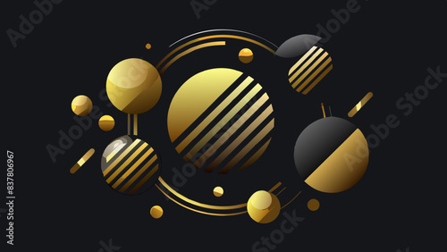 Abstract Golden Spheres and Rings on Black Background