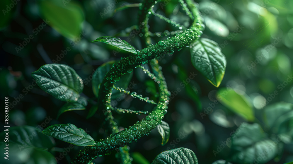 Nature-Inspired DNA Structure with Dew-Covered Leaves - Eco-friendly Biotechnology Concept Nature-Inspired DNA Structure with Dew-Covered Leaves - Eco-friendly Biotechnology Concept