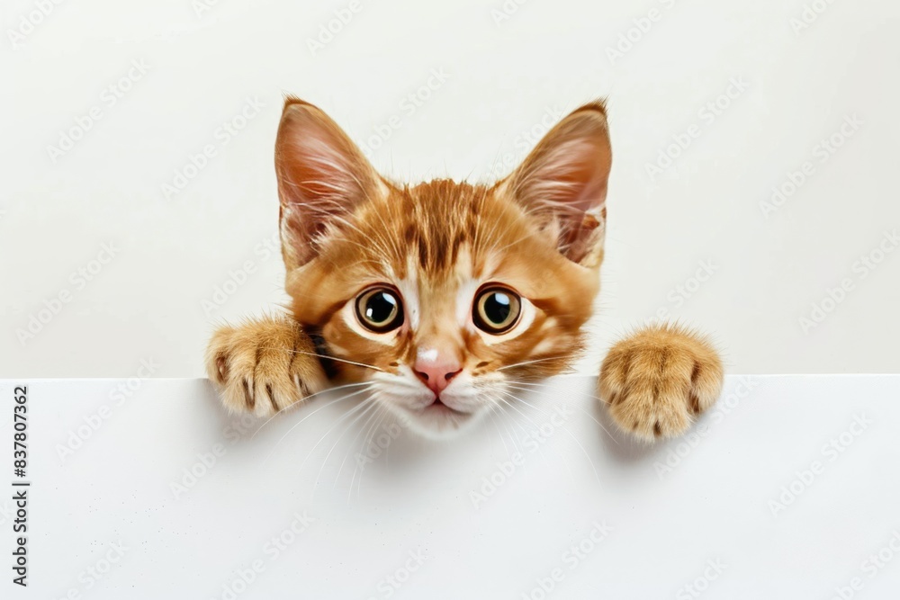 peeking kitten over a white blank drawing board, white background peeking kitten over a white blank drawing board, white background