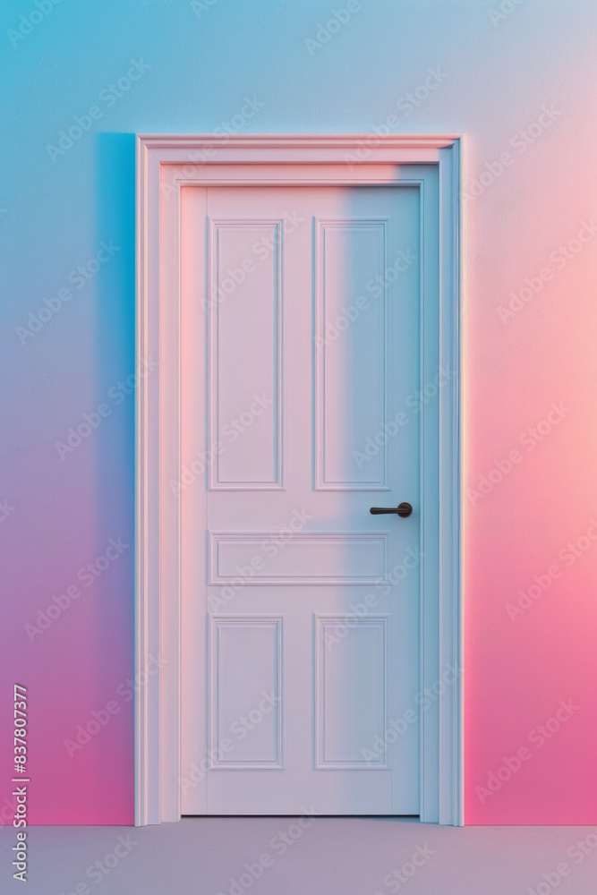 Plain white door against a gradient background transitioning smoothly from one vibrant color to another. The door's simplicity stands out against the colorful backdrop Plain white door against a gradient background transitioning smoothly from one vibrant color to another. The door's simplicity stands out against the colorful backdrop