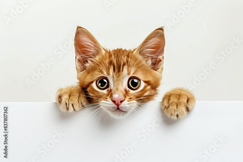 peeking kitten over a white blank drawing board, white background photo