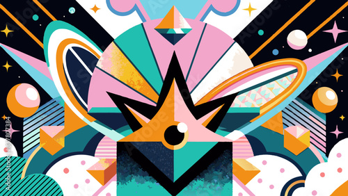Cosmic Abstract Art with Vibrant Geometric Shapes and Space Elements