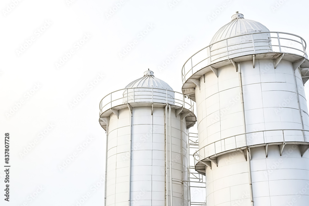 Two Large White Industrial Silos Against a White Sky