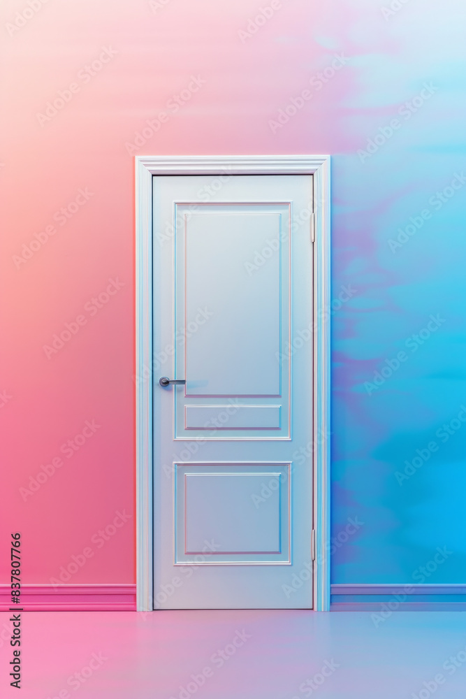 Fototapeta premium Plain white door against a gradient background transitioning smoothly from one vibrant color to another. The door's simplicity stands out against the colorful backdrop