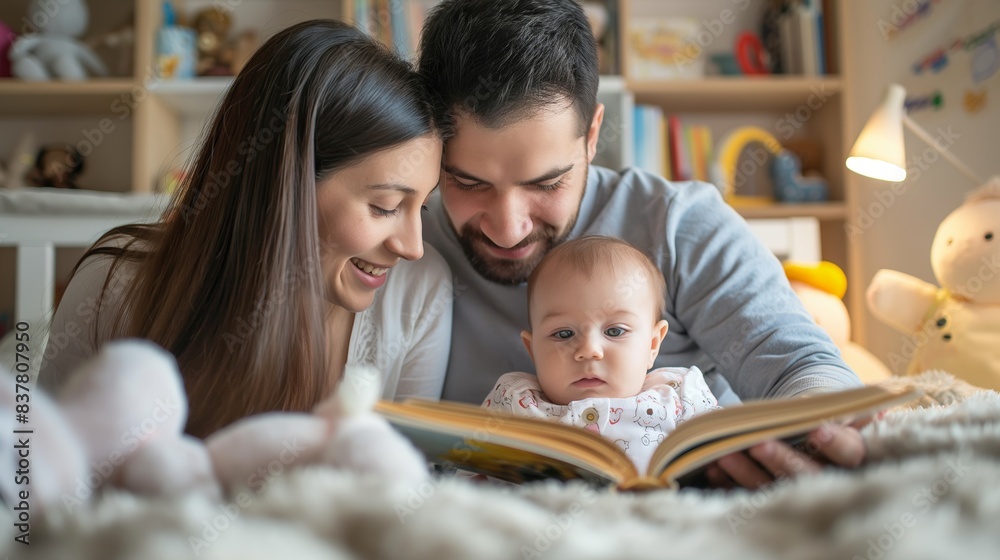 Parents bond with their baby while reading a book in a well-lit room, showing love and care Parents bond with their baby while reading a book in a well-lit room, showing love and care