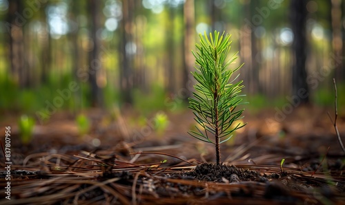 A seedling longleaf pine grows in a clearing among a managed longleaf pine forest in Francis Marion National Forest, South Carolina