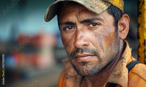 Hispanic man in work force. Hard worker, tough guy with serious face photo