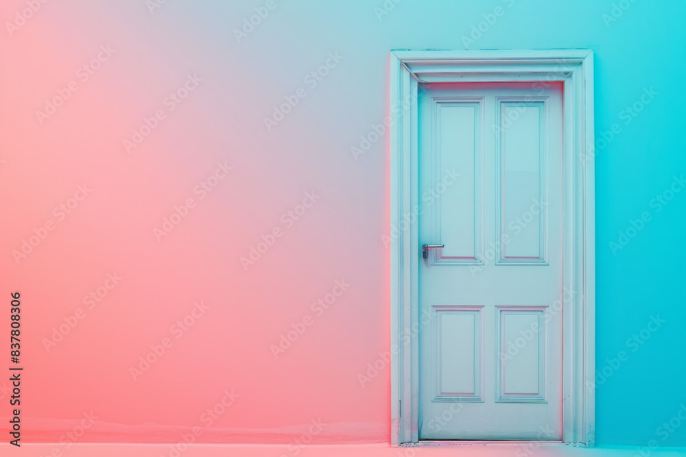 Plain white door against a gradient background transitioning smoothly from one vibrant color to another. The door's simplicity stands out against the colorful backdrop Plain white door against a gradient background transitioning smoothly from one vibrant color to another. The door's simplicity stands out against the colorful backdrop