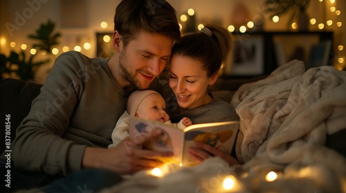 An intimate moment of a couple sharing a book with their baby surrounded by soft fairy lights