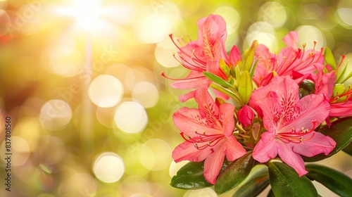  A close-up of a pink bloom on a branch, surrounded by a soft, blurred boke from the incoming light at the back, as well as the background