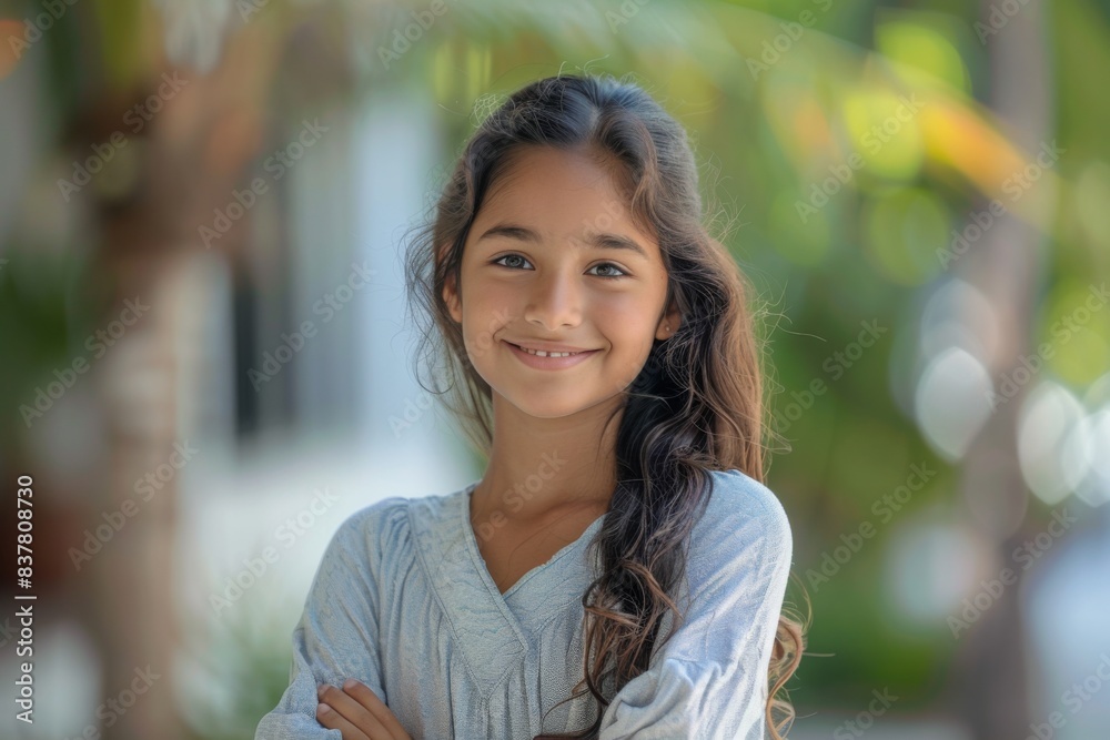 Long-haired girl in blue shirt smiles Long-haired girl in blue shirt smiles