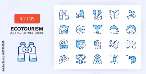 Line icons about outdoor activities and ecotourism. Contains such icons as fauna observation, climbing, safari and more. 256x256 Pixel Perfect editable in two colors