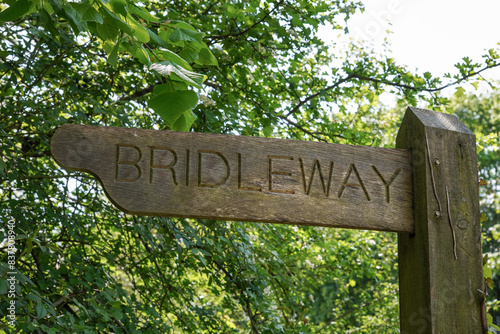 wooden sign on bridleway in the English countryside. Horse riding right of way.  photo