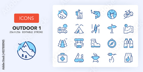 Line icons about outdoor activities. Contains such icons as camping, mountains, route and more. 256x256 Pixel Perfect editable in two colors. Set 1 of 2