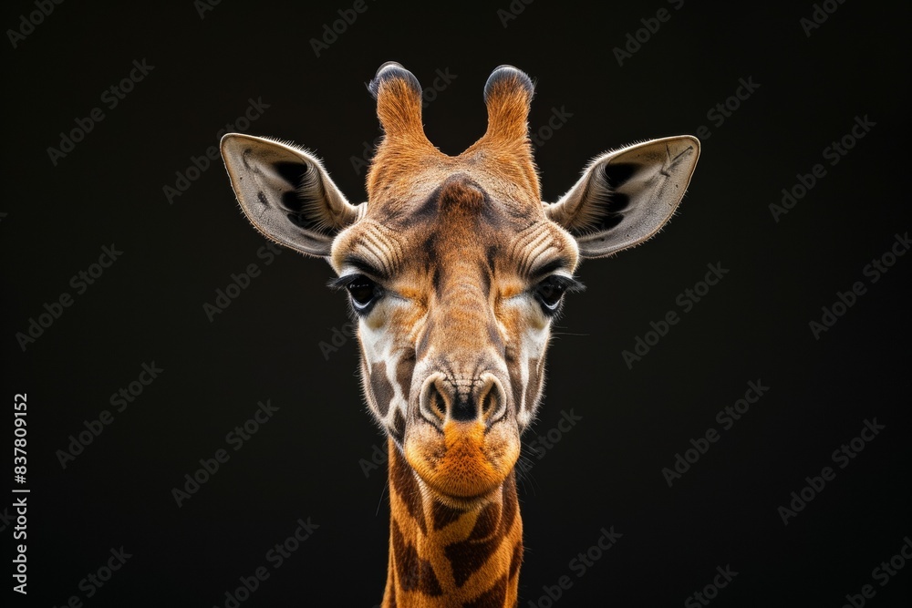 Naklejka premium Mystic portrait of Northern Giraffe, copy space on right side, Anger, Menacing, Headshot, Close-up View Isolated on black background