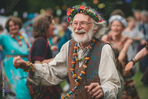 A man in a vest and a flower crown is dancing with a group of people photo