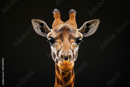 Mystic portrait of Northern Giraffe, copy space on right side, Anger, Menacing, Headshot, Close-up View Isolated on black background © Tebha Workspace