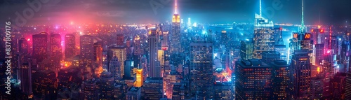 Wallpaper Mural A stunning panoramic view of a vibrant cityscape at night, illuminated with colorful neon lights, showcasing modern architecture and dynamic urban life. Torontodigital.ca