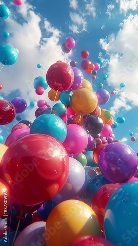 Colorful balloons rising into the in the air. Seamless loop.