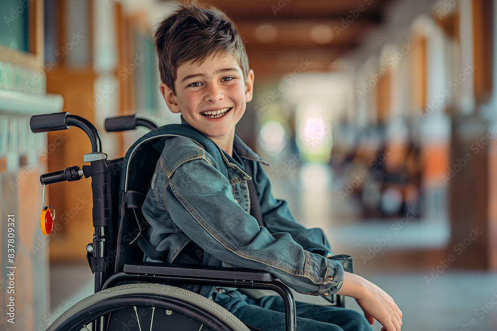A young boy in a wheelchair is smiling and posing for a picture A young boy in a wheelchair is smiling and posing for a picture