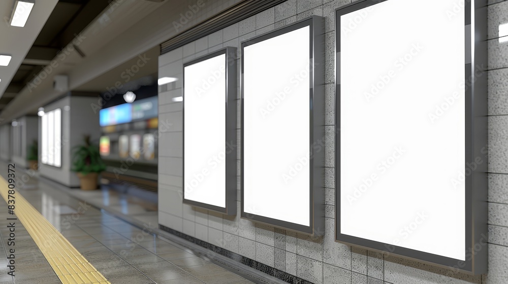 A subway station with rows of windows, yellow lines on each side of the platform, and yellow lines on adjacent walls A subway station with rows of windows, yellow lines on each side of the platform, and yellow lines on adjacent walls