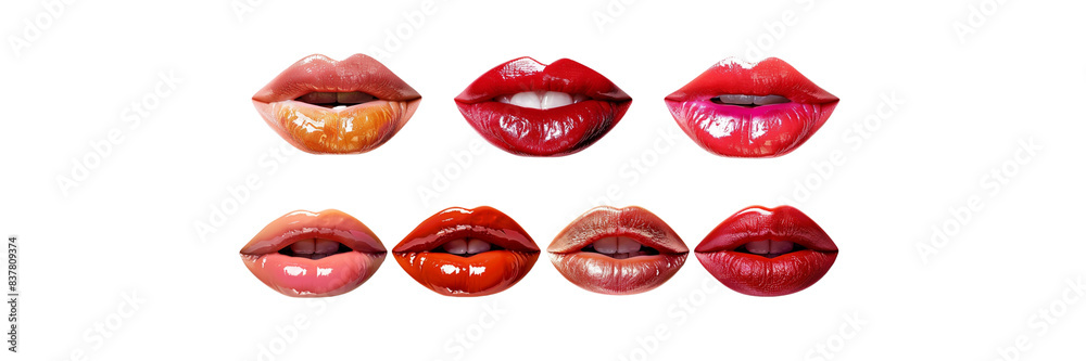 Set of Gloss mouths with bright lipstick on transparent background Set of Gloss mouths with bright lipstick on transparent background