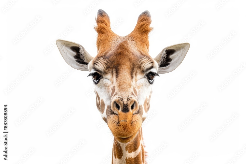 Fototapeta premium Mystic portrait of Northern Giraffe, copy space on right side, Anger, Menacing, Headshot, Close-up View Isolated on white background