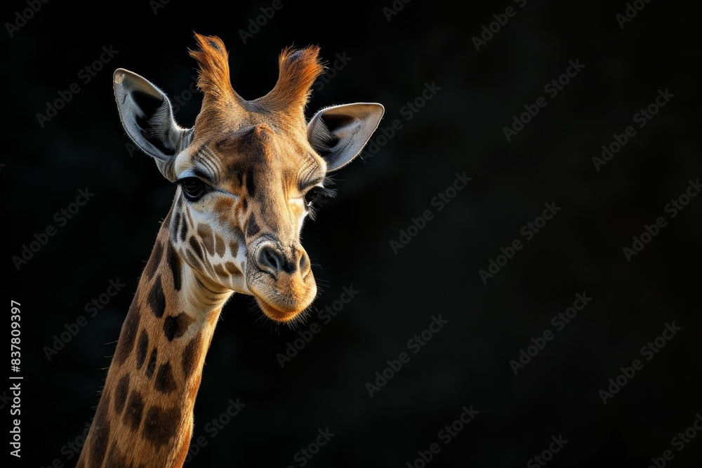 Mystic portrait of Northern Giraffe, copy space on right side, Anger, Menacing, Headshot, Close-up View Isolated on black background Mystic portrait of Northern Giraffe, copy space on right side, Anger, Menacing, Headshot, Close-up View Isolated on black background