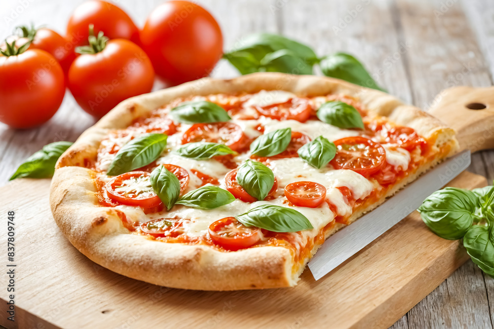 Close Up of a Delicious Margherita Pizza with Fresh Basil and Tomatoes Close Up of a Delicious Margherita Pizza with Fresh Basil and Tomatoes