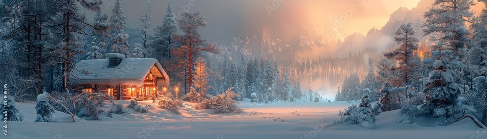 Cozy wooden cabin enveloped in soft snow in a serene forest during winter sunset, exuding warmth and tranquility. Cozy wooden cabin enveloped in soft snow in a serene forest during winter sunset, exuding warmth and tranquility.