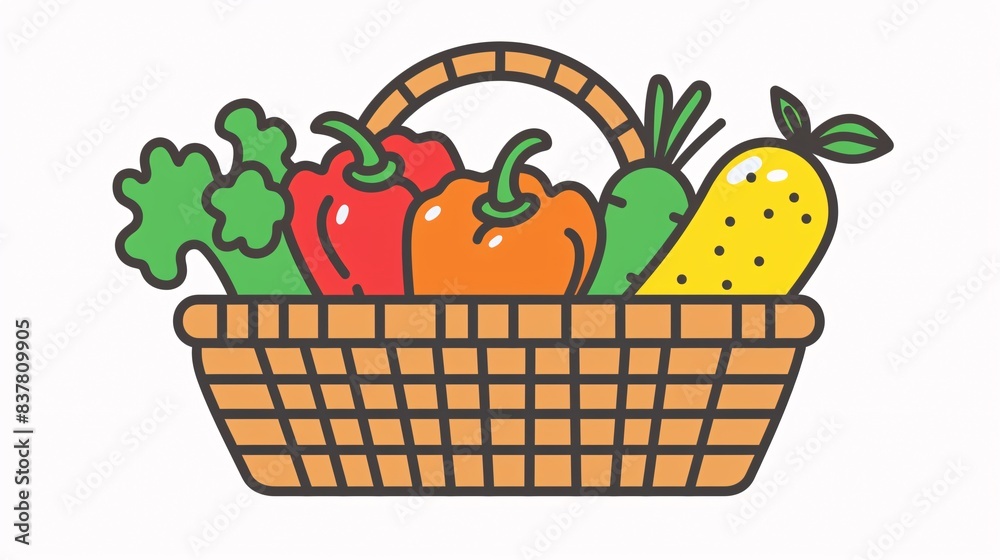 A simple 2D outline of a fresh produce basket, showing an assortment of colorful vegetables and fruits like tomatoes, bell peppers, apples, and oranges A simple 2D outline of a fresh produce basket, showing an assortment of colorful vegetables and fruits like tomatoes, bell peppers, apples, and oranges