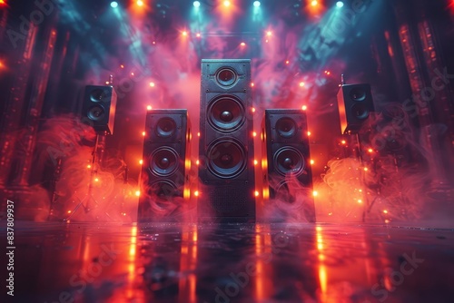 Dynamic speakers with vibrant lights and smoke on a stage, representing a powerful music or concert performance atmosphere.