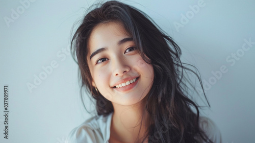 Beautiful young woman smiling and looking at camera on a plain background