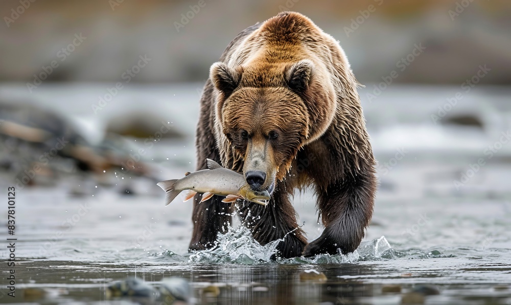 Grizzly Bear is catching fish in the middle of the river