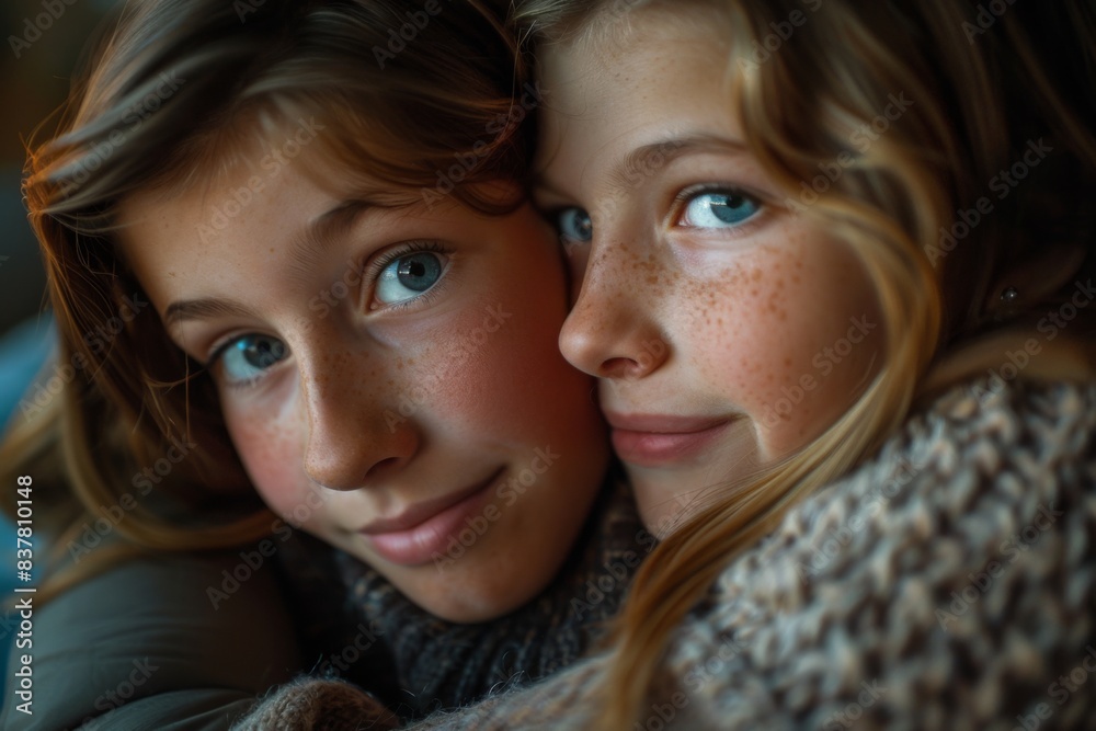 Two girls embracing in darkness