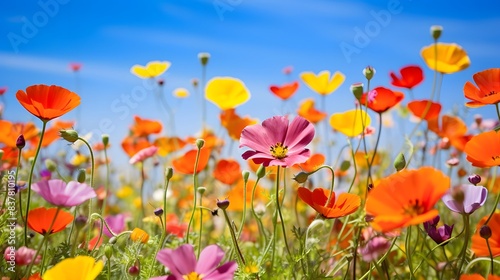 Panoramic view of colorful meadow with poppies against blue sky