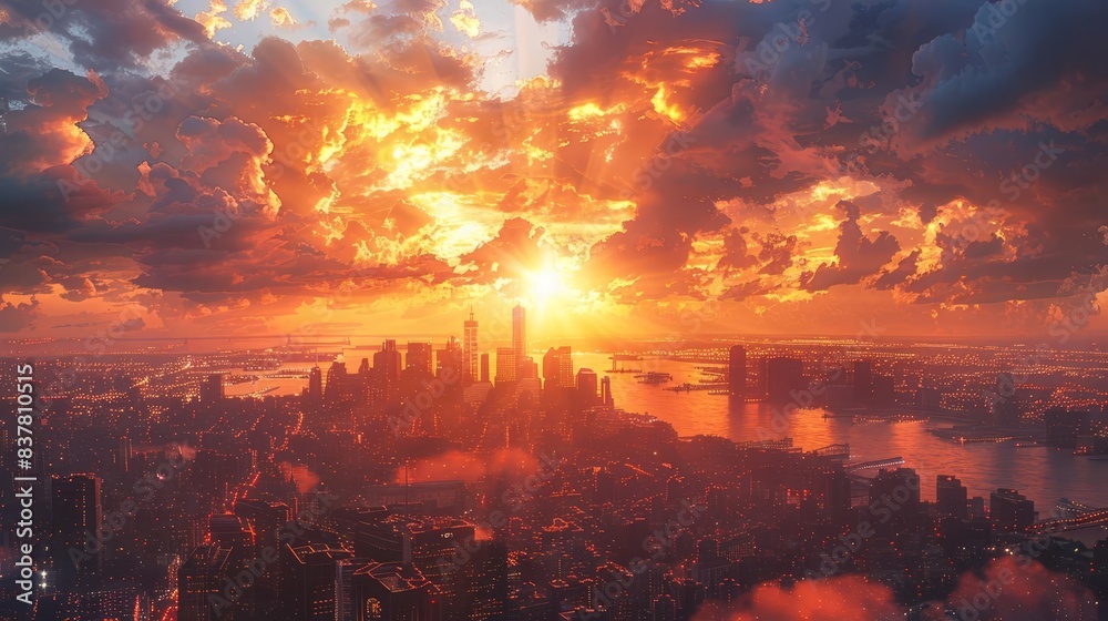 Stunning cityscape featuring a captivating sunset above a bustling urban landscape with dramatic clouds and vibrant colors. Stunning cityscape featuring a captivating sunset above a bustling urban landscape with dramatic clouds and vibrant colors.