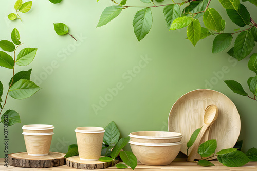 Set of different eco-friendly tableware with green leaves on green background.