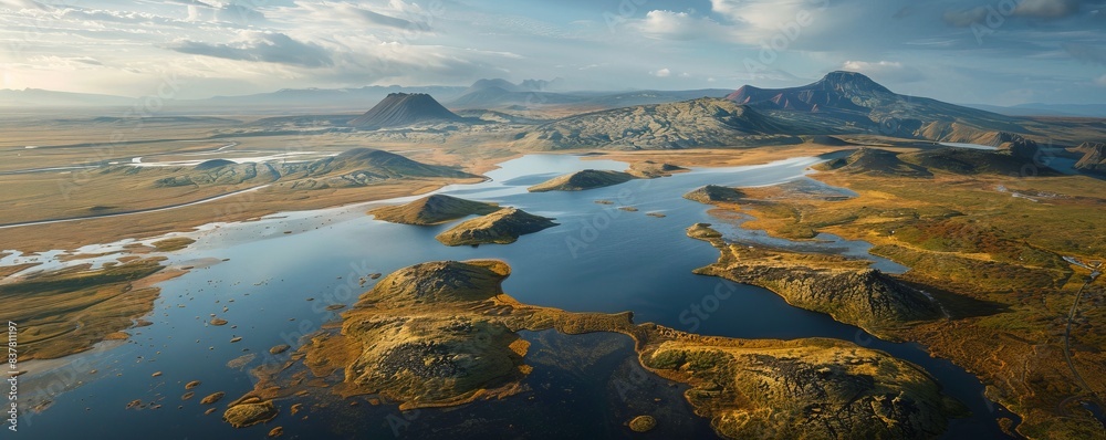 Aerial view of remote volcanic landscape in Southern Region, Iceland.