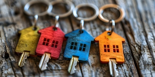 Vibrant house-shaped keychains on wooden background representing real estate sales. Concept Real Estate Marketing, House Keychains, Wooden Background, Sales Promotion, Vibrant Colors photo