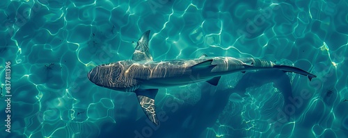 Aerial view of spinner shark swimming in clear blue waters of Atlantic Ocean, Southampton, New York, United States. photo