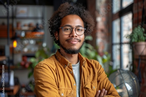 Man glasses jacket standing arms crossed photo