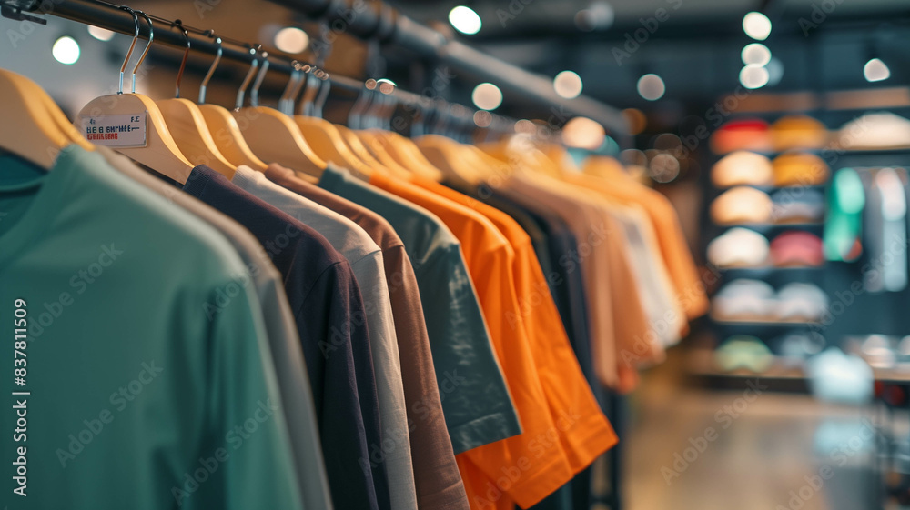 Obraz premium array of plain t-shirts in different shades hanging on a hanger, with a store interior blurred in the background