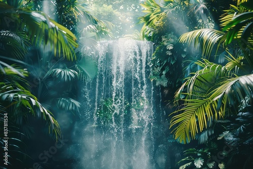 Tropical waterfall  rainforest backdrop  misty spray close up  focus on  copy space  vivid greens  Double exposure silhouette with foliage