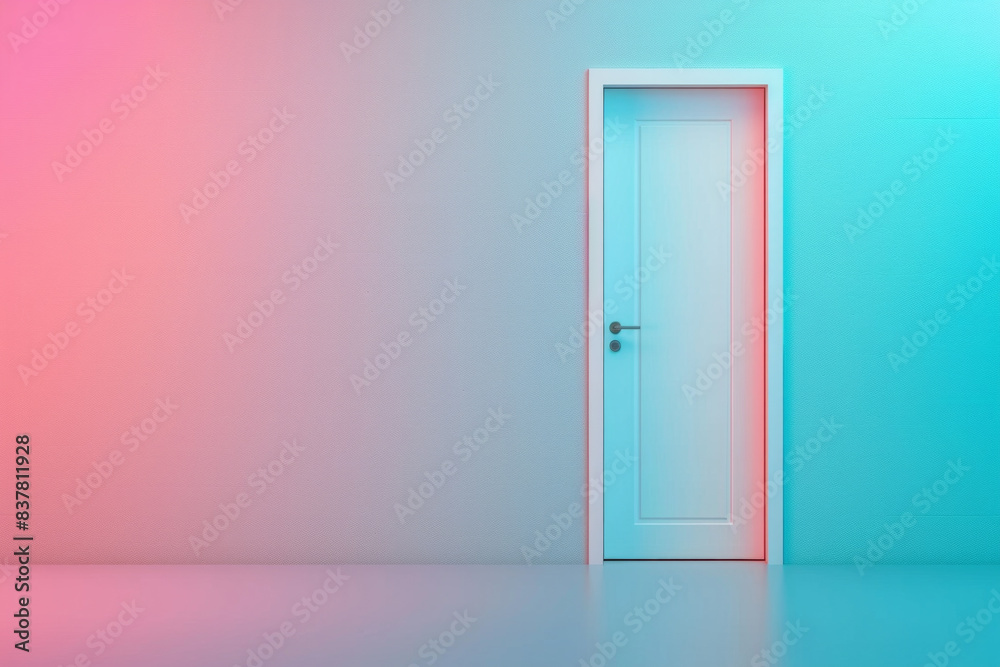 Plain white door against a gradient background transitioning smoothly from one vibrant color to another. The door's simplicity stands out against the colorful backdrop Plain white door against a gradient background transitioning smoothly from one vibrant color to another. The door's simplicity stands out against the colorful backdrop
