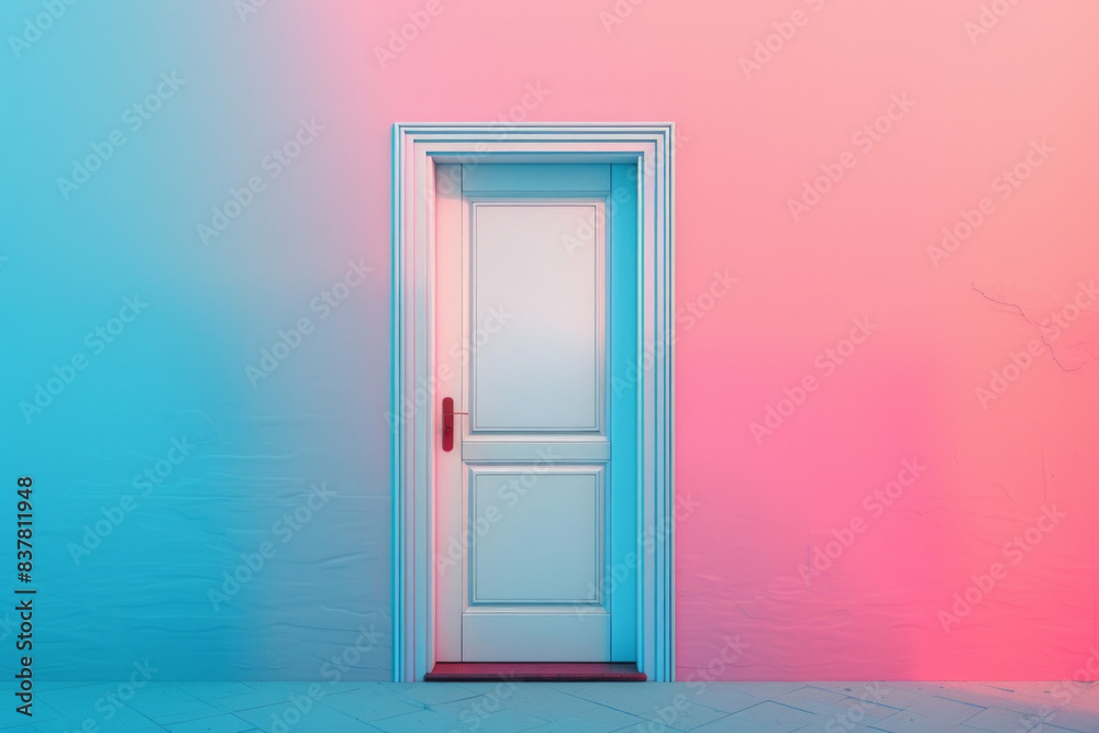 Plain white door against a gradient background transitioning smoothly from one vibrant color to another. The door's simplicity stands out against the colorful backdrop Plain white door against a gradient background transitioning smoothly from one vibrant color to another. The door's simplicity stands out against the colorful backdrop